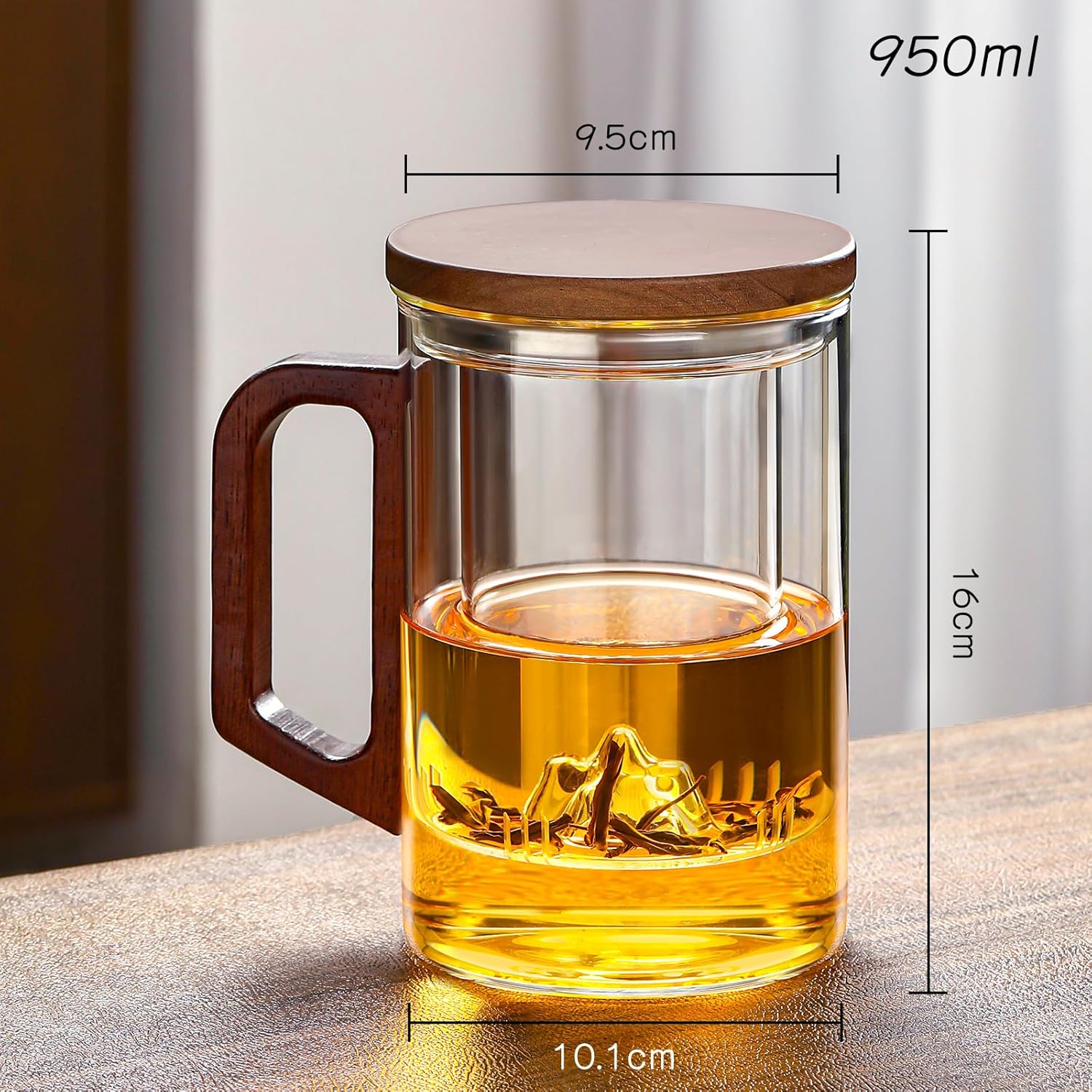 Pocarati Large Heat-Resistant Glass Tea Cup – 950ml with Strainer & Handle