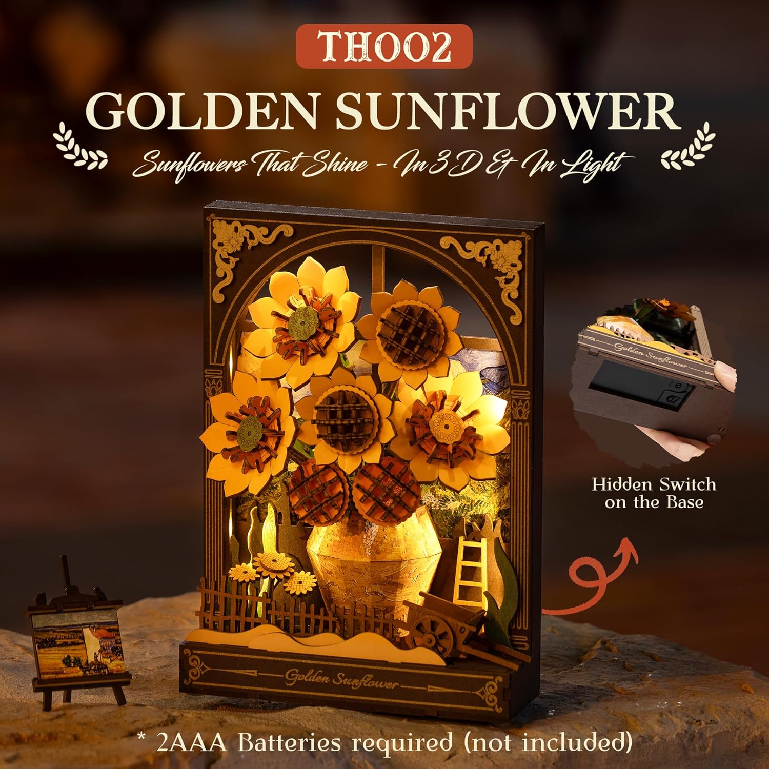 ROBOTIME TH002 Golden Sunflower Wooden Flower Building Set with Lights – DIY Van Gogh Inspired Wall Art Craft for Adults