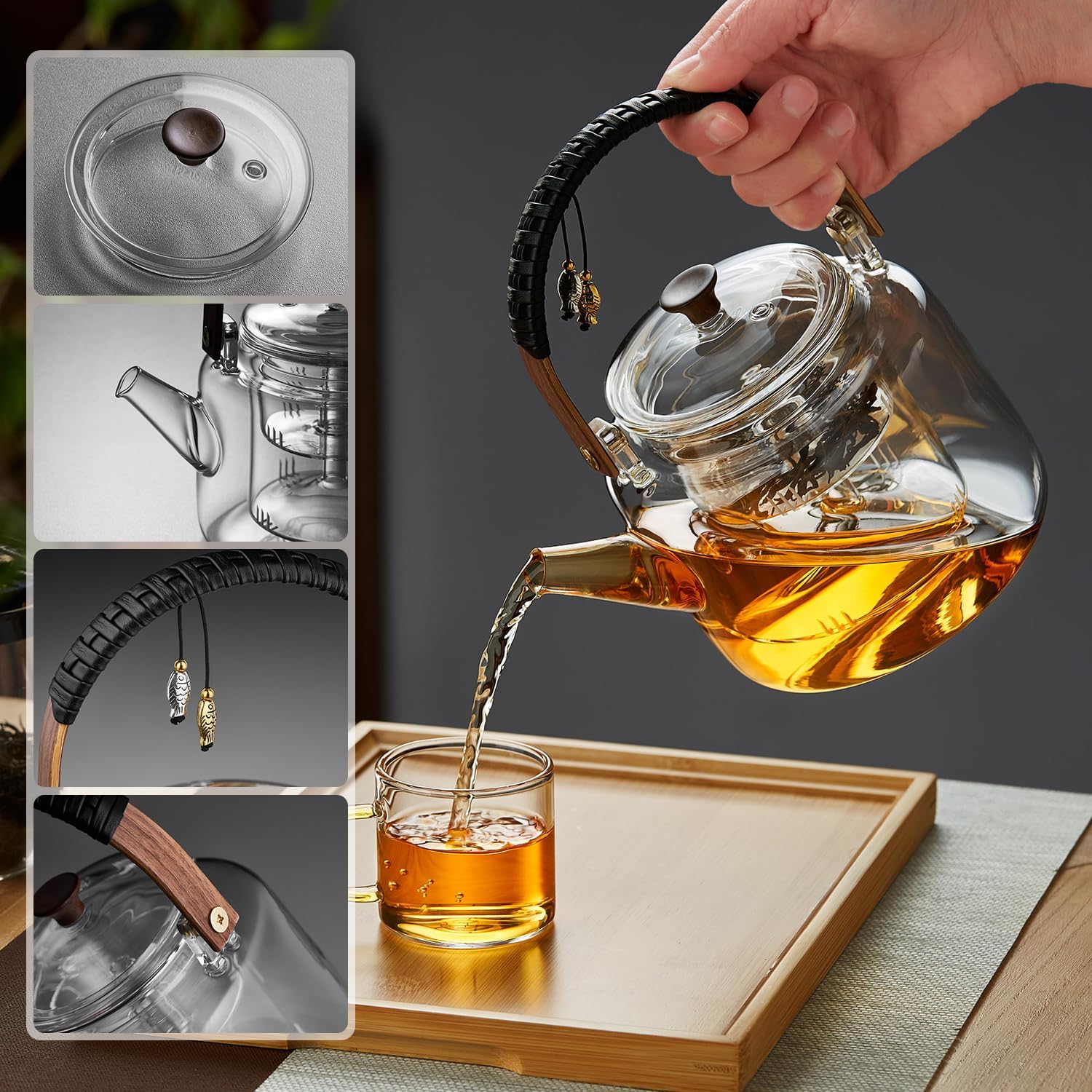 Pisces Glass Teapot 1090ml – Heat-Resistant Direct Fire Tea Kettle with Glass Strainer & Bamboo Handle