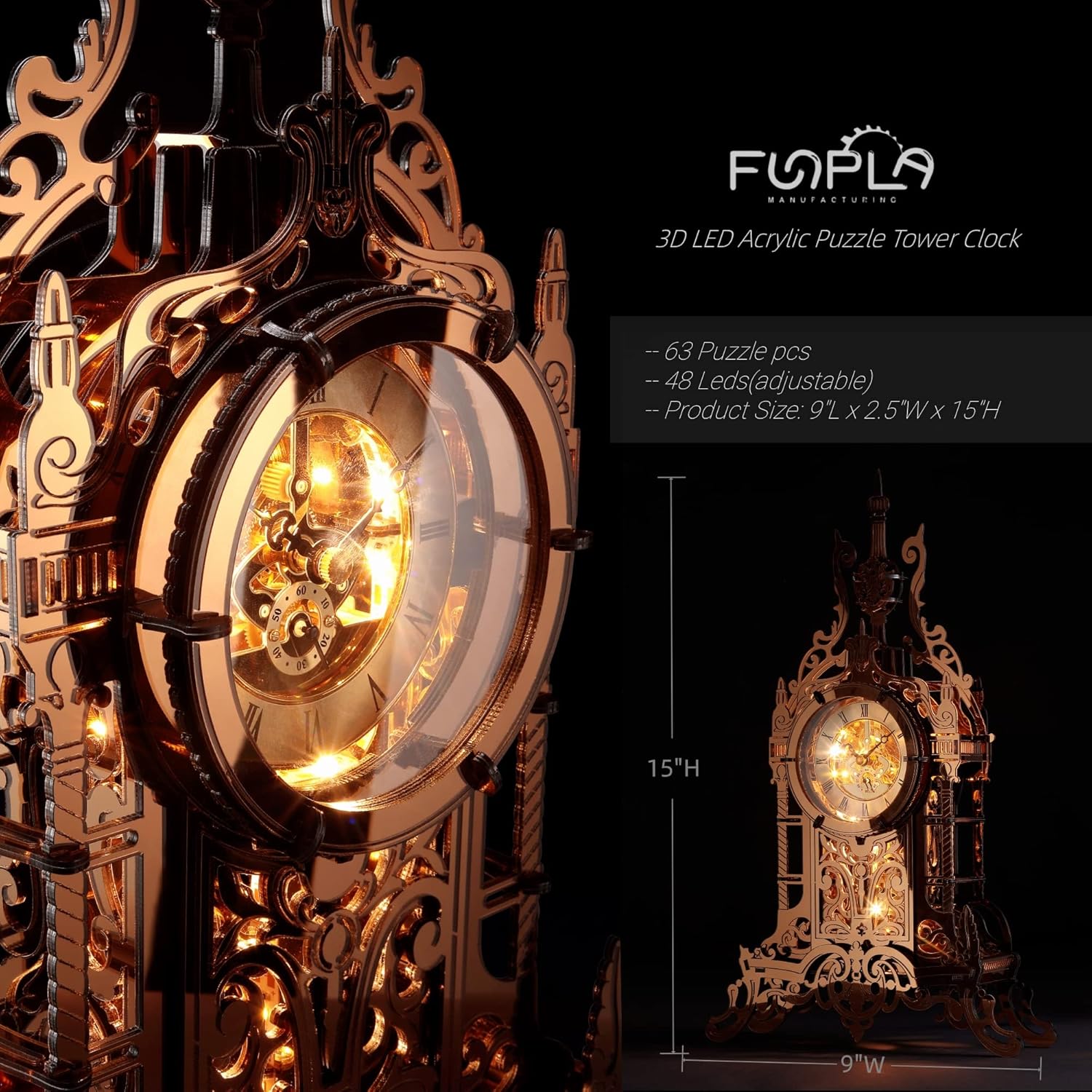 FUNPOLA 3D Acrylic LED Metal Puzzle Clock Tower Model | DIY Handmade Table Clock