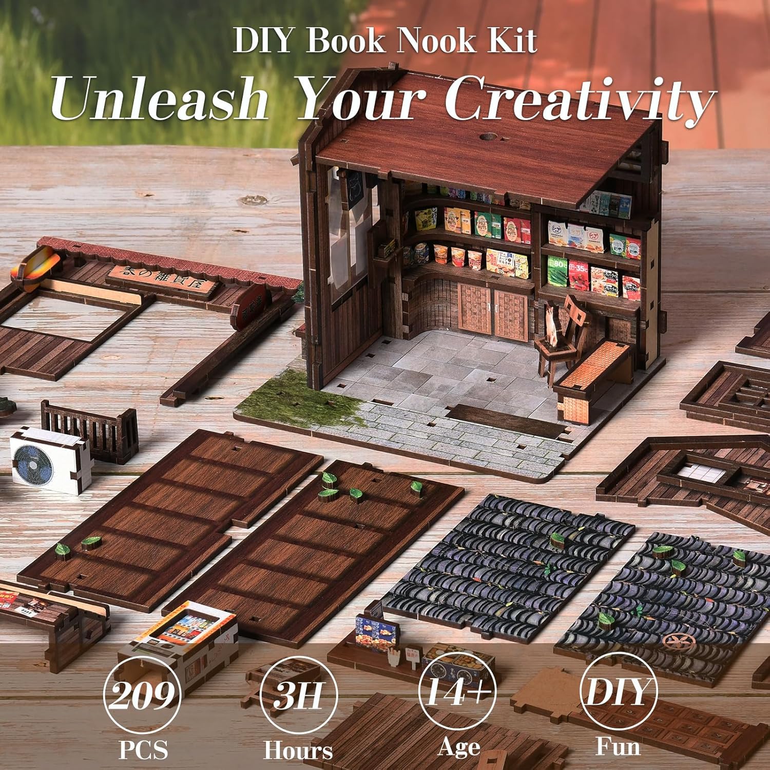 DIY Miniature House Book Nook Kit – Showa Goods Store 3D Wooden Dollhouse, Handmade Bookshelf Decoration