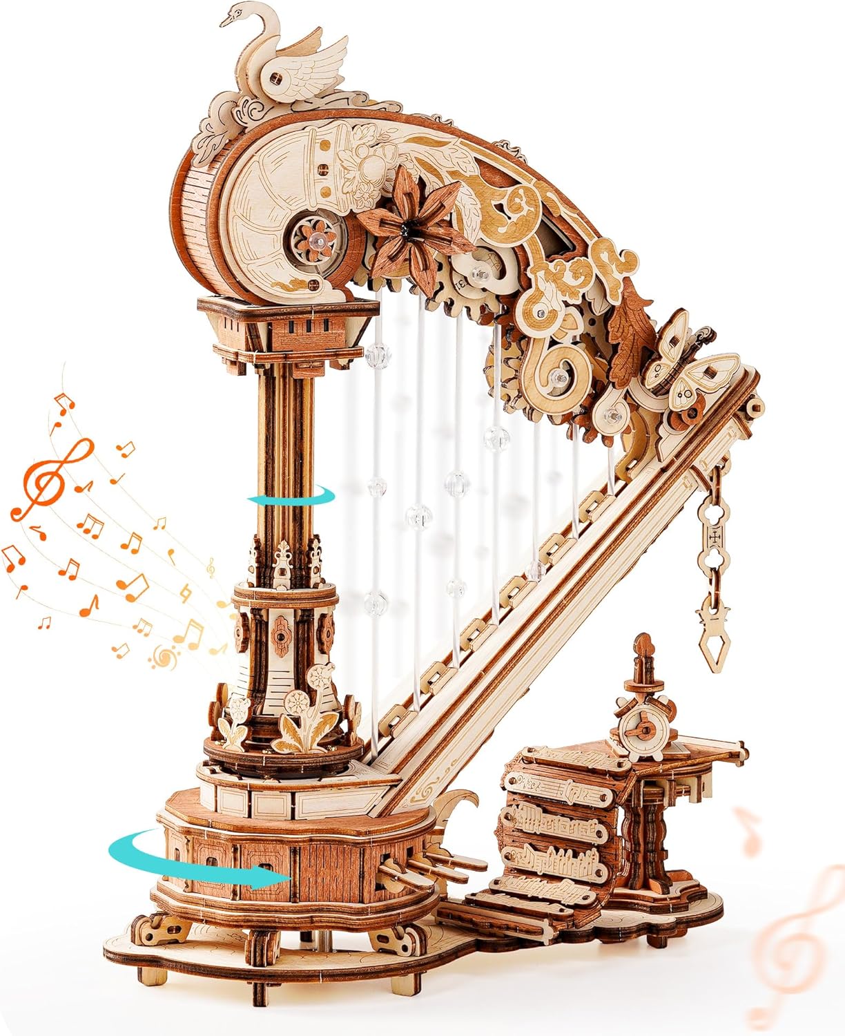 ROBOTIME Harp AMK71 3D Wooden Puzzle Music Box – DIY Mechanical Musical Instrument Model with Automatic Playback