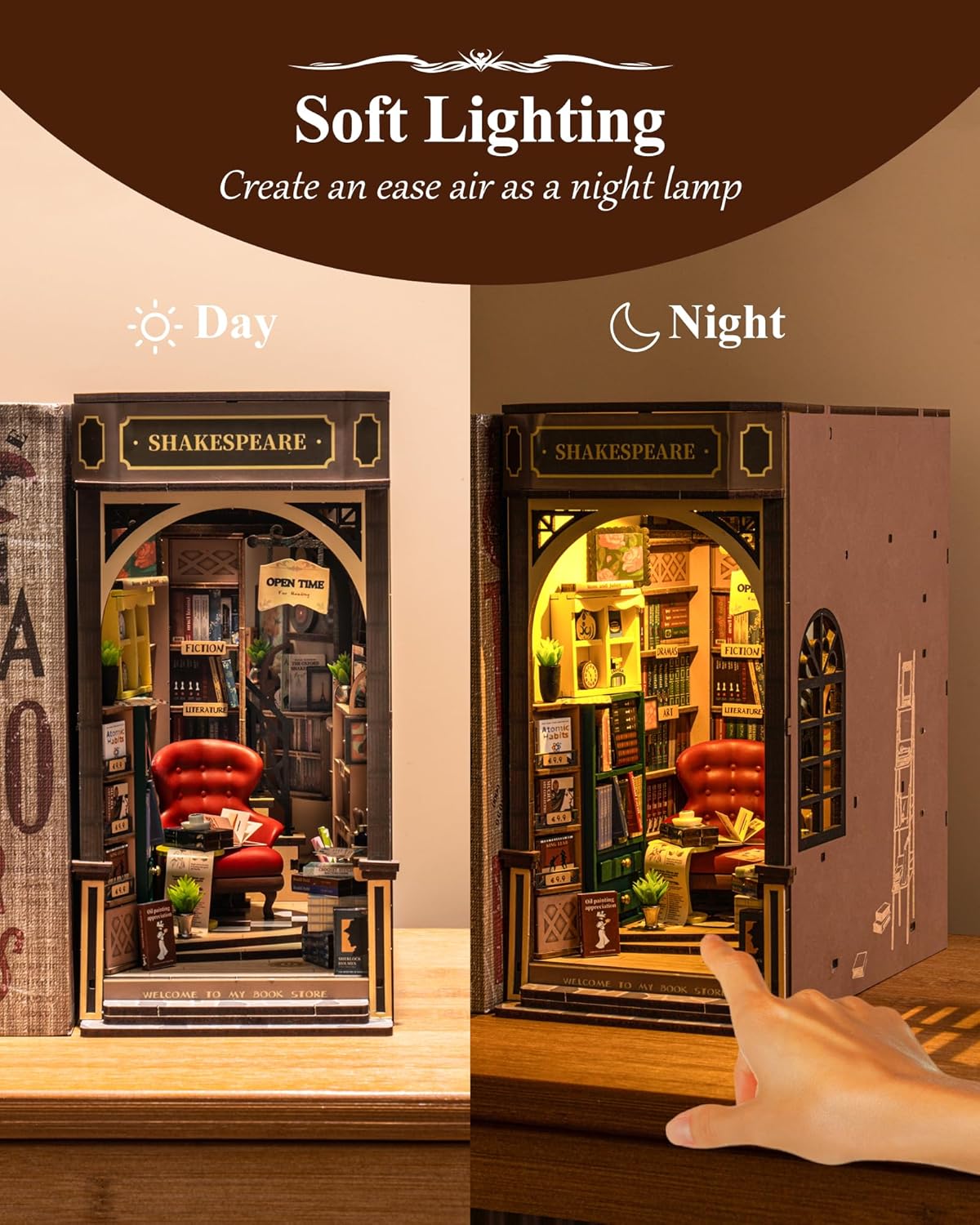Rolife Bookstore Book Nook Kit | 3D Wooden Puzzle Miniature Shelf Decor with LED Light