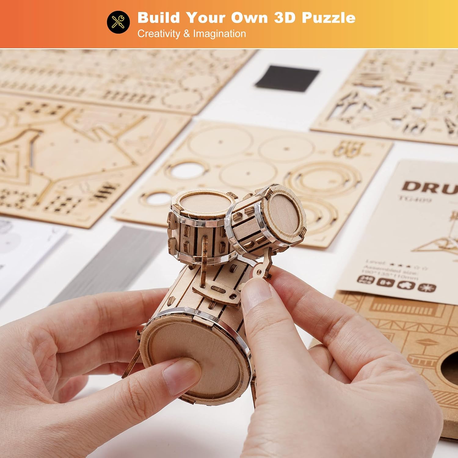 ROBOTIME Drum Set TG409 3D Wooden Puzzle – DIY Craft Model Kit, Educational Toy for Kids & Adults