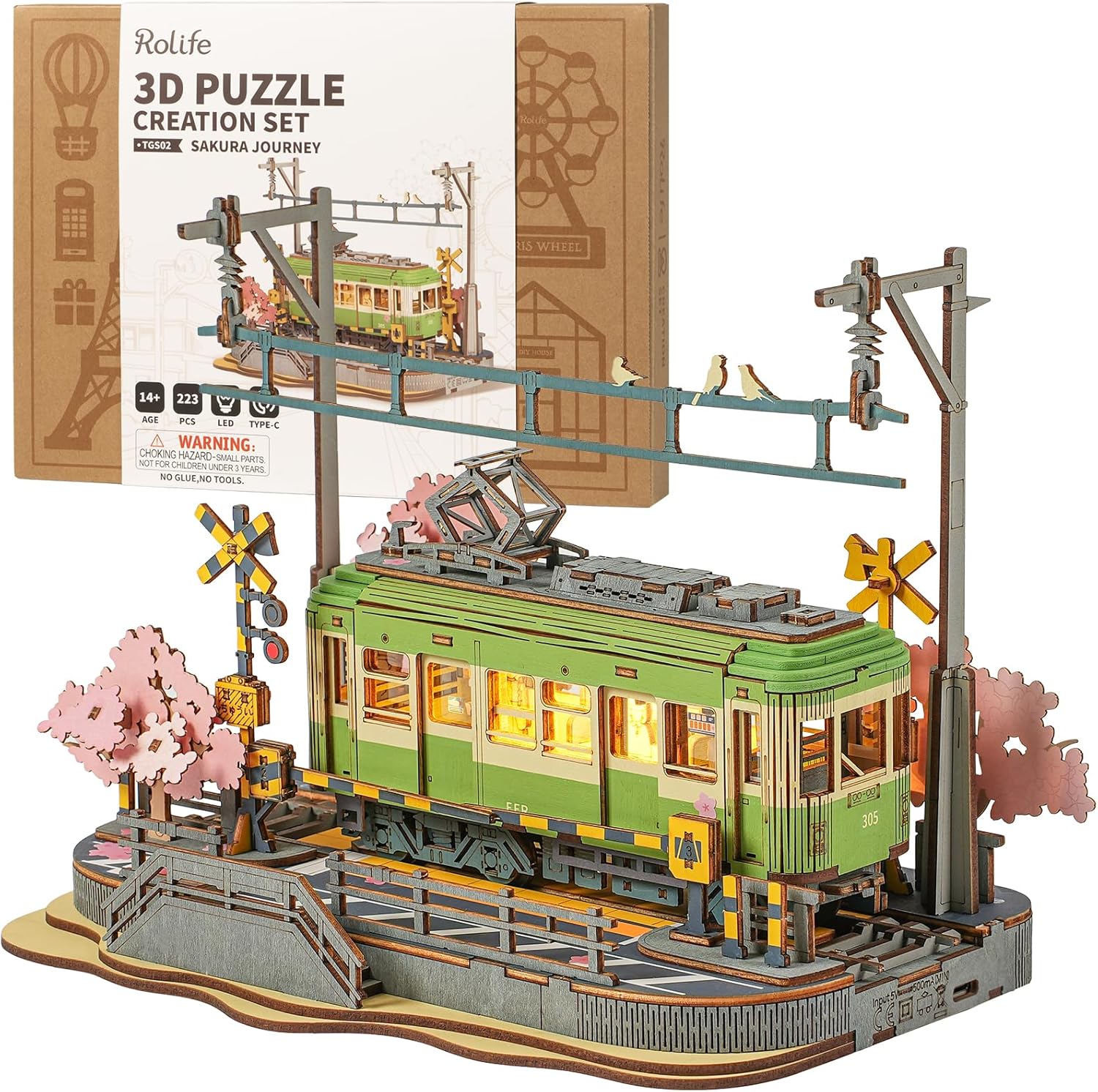 Rolife Cherry Blossom Journey 3D Wooden Puzzle | DIY LED Train Model with Japanese Style Decor