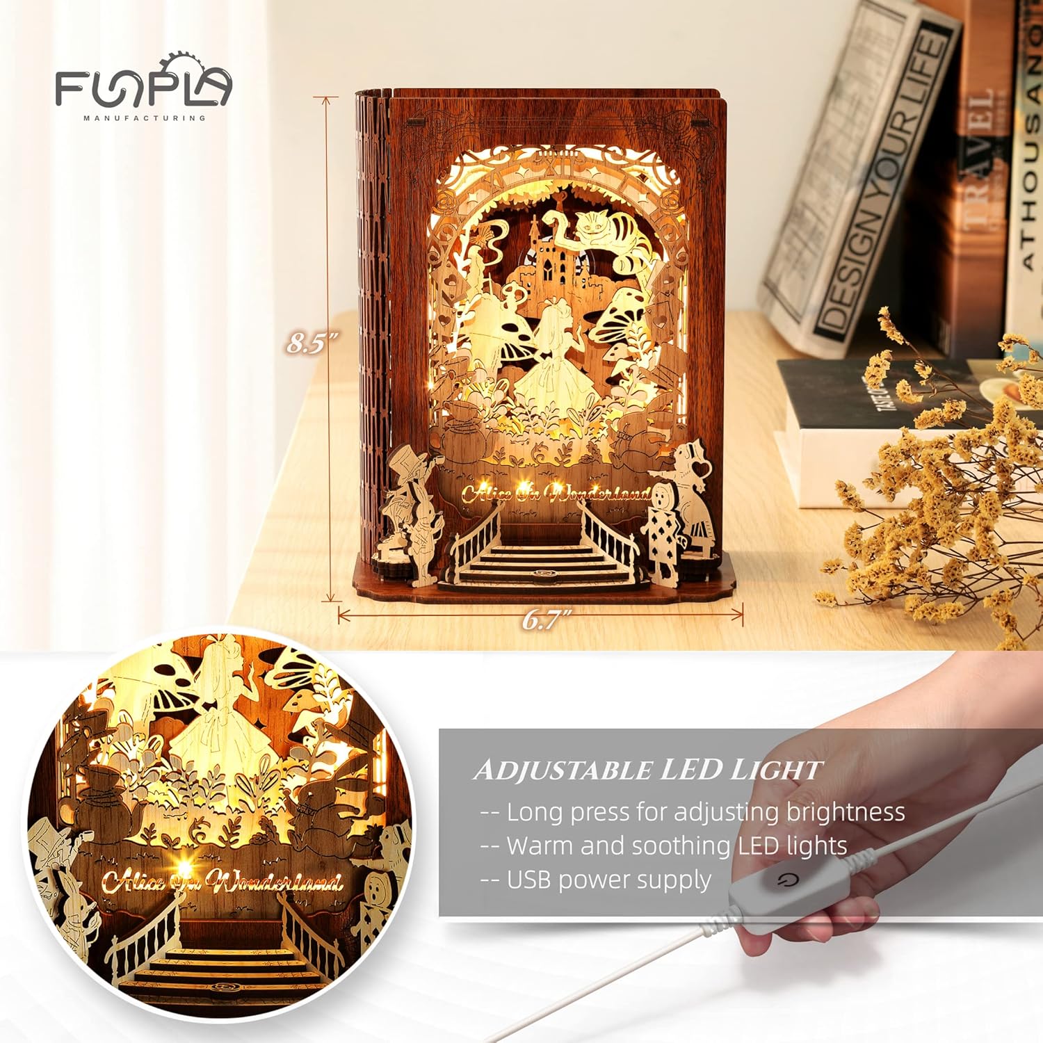 FUNPOLA Alice in Wonderland 3D Wooden Puzzle Night Light | DIY LED Book Lamp