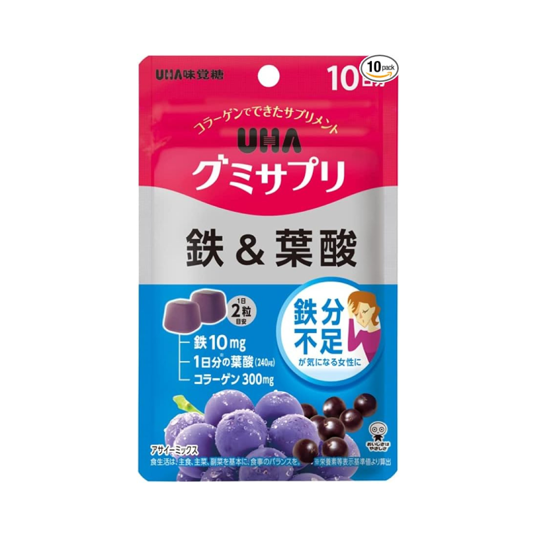 UHA Gummy Supplement, Iron & Folic Acid, Acai Mix Flavor, Standalone Pouch,