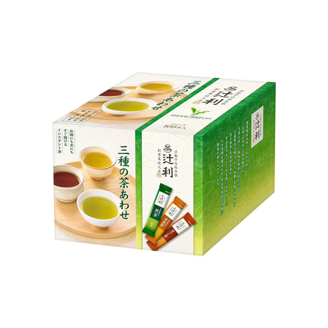 Tsujiri Instant Three Types of Tea 100 Sticks | Sencha, Houjicha, Genmaicha | Made in Japan | Japanese Instant Tea Set