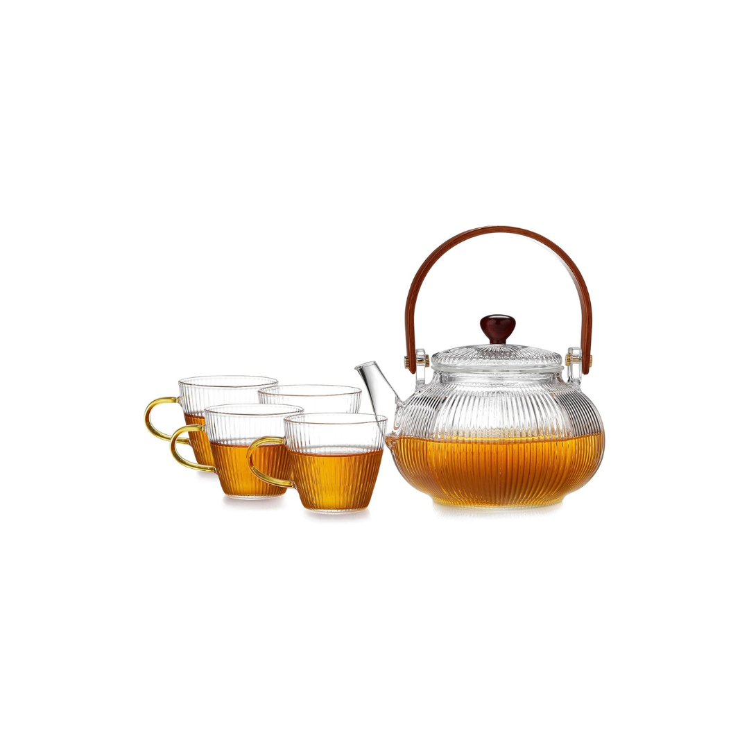 Pocarati Heat-Resistant Glass Teapot Set 760ml – Vertical Striped Lantern Design with 4 Tea Cups