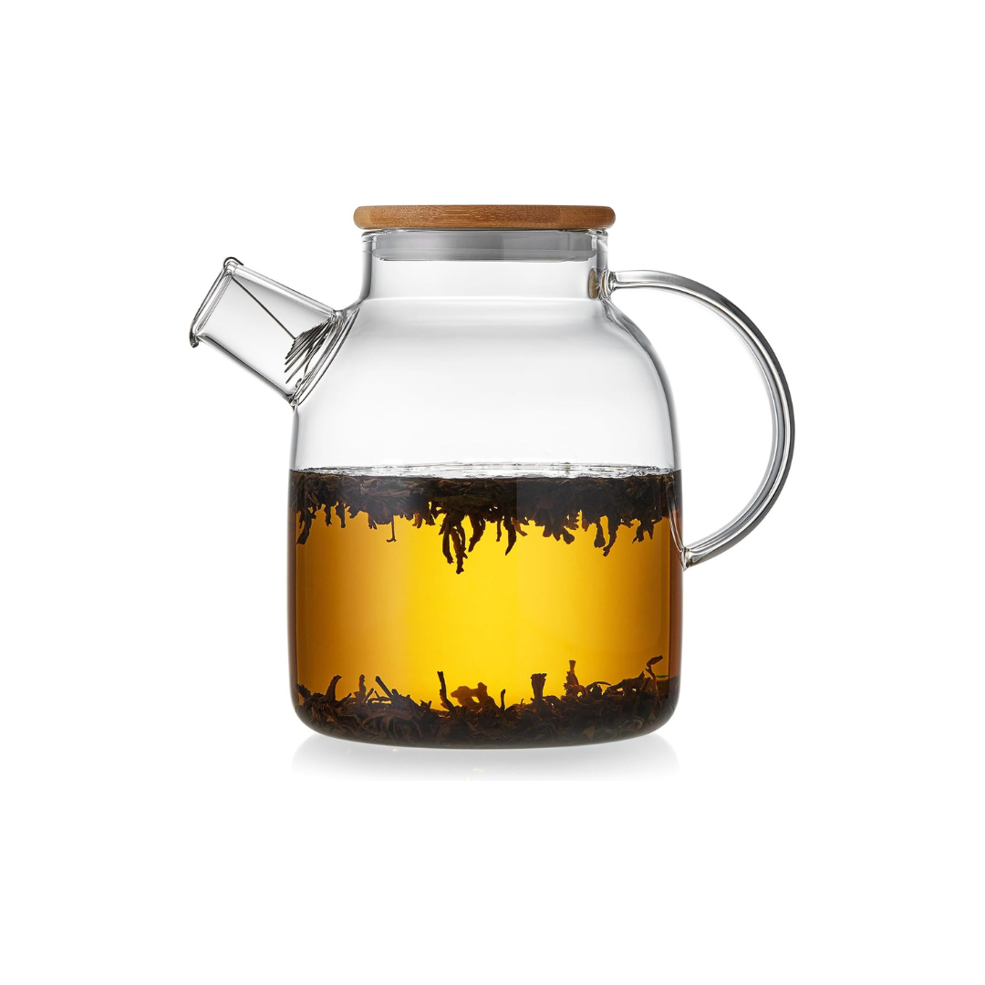Pocarati Heat-Resistant Glass Teapot 1600ml – Large Capacity Direct Flame Safe with Bamboo Lid