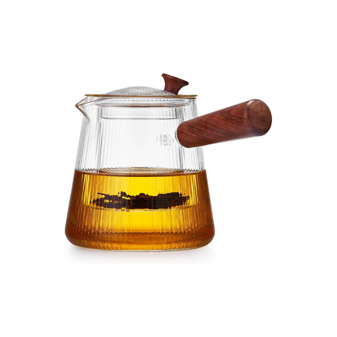 Pokaloti Heat-Resistant Glass Teapot 800ml – Wooden Handle, Transparent Infuser, Open Flame Safe