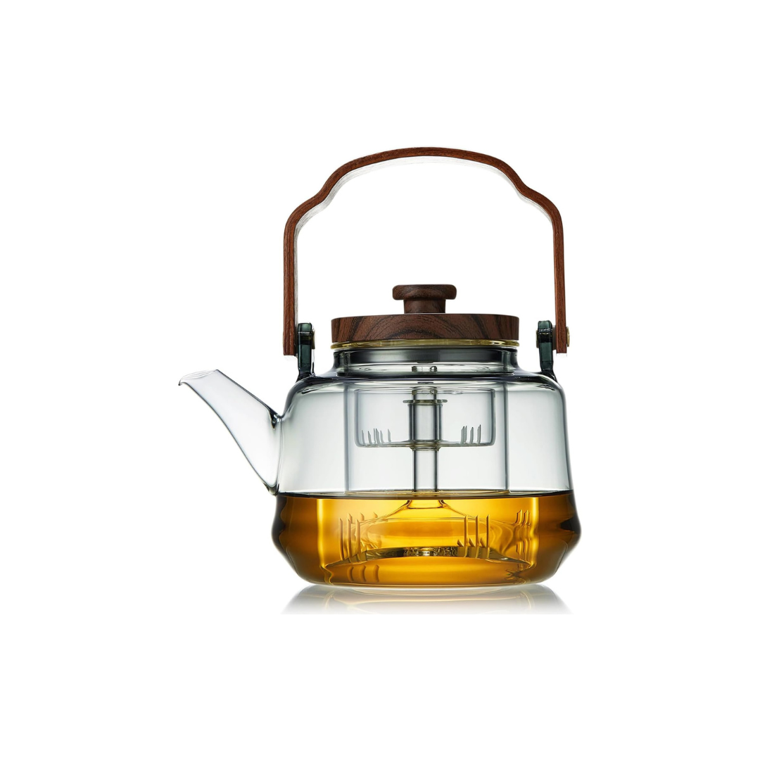 Pocarati Heat-Resistant Glass Teapot 1100ml – Inky Design, Wooden Handle, Glass Infuser, Direct Flame Safe
