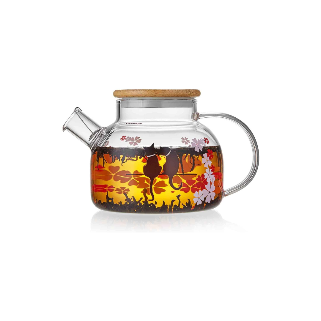 Pocarati Cherry Blossom Cat Glass Teapot 1000ml – Heat Resistant, Cute Round Design, Direct Flame Safe