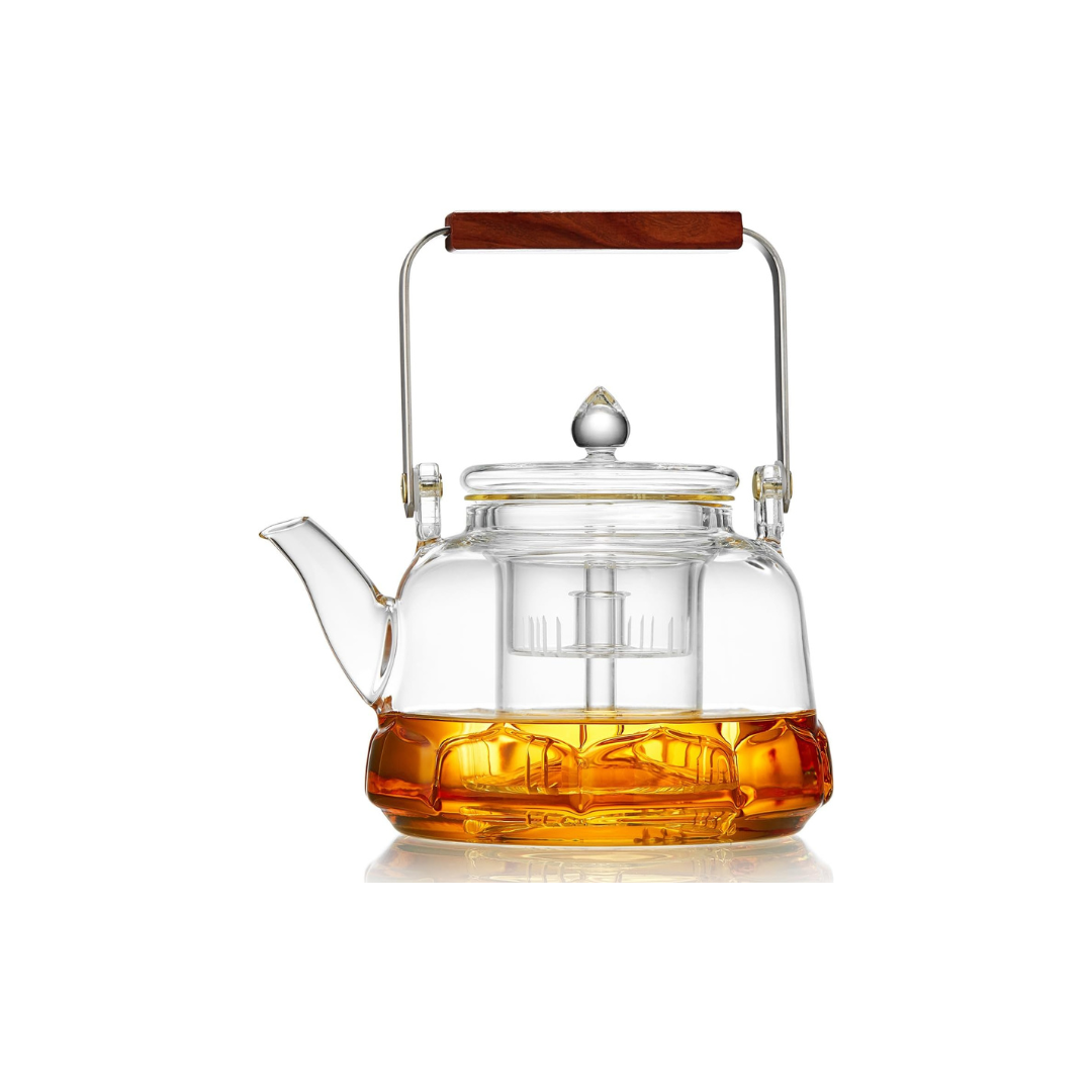 Pocaroty Heat-Resistant Glass Teapot 1060ml – Lotus Base Design, Wooden Handle, Integrated Tea Steamer, Direct Flame Safe