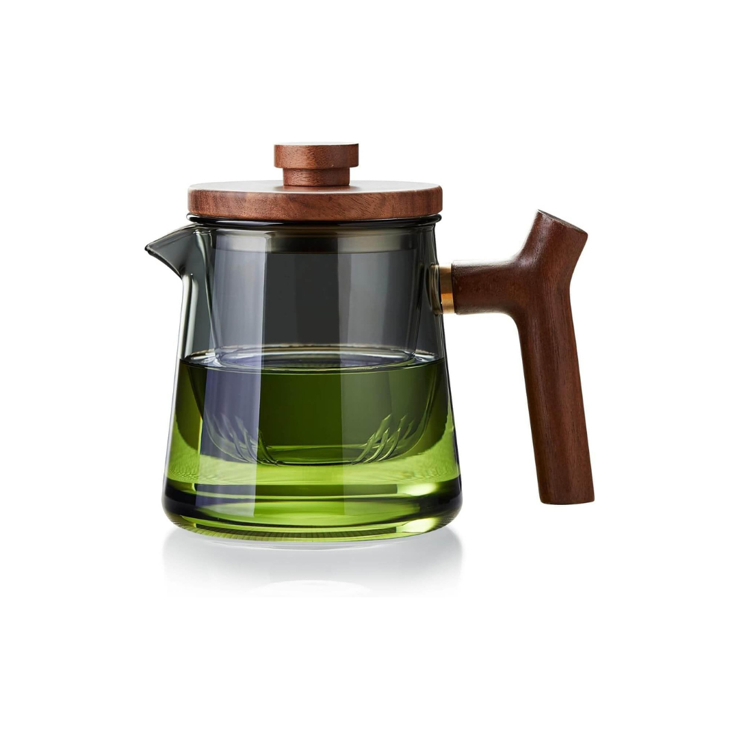 Heat-Resistant Glass Teapot 560ml – Ink Color Design, Wooden Handle & Lid, Glass Strainer