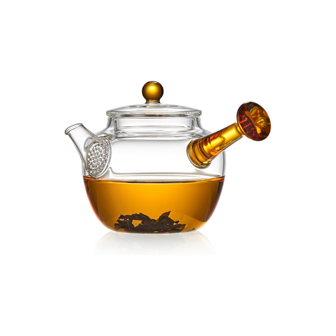 Pokaloti Heat-Resistant Mini Glass Teapot 240ml – One-Person Size, Yellow Handle