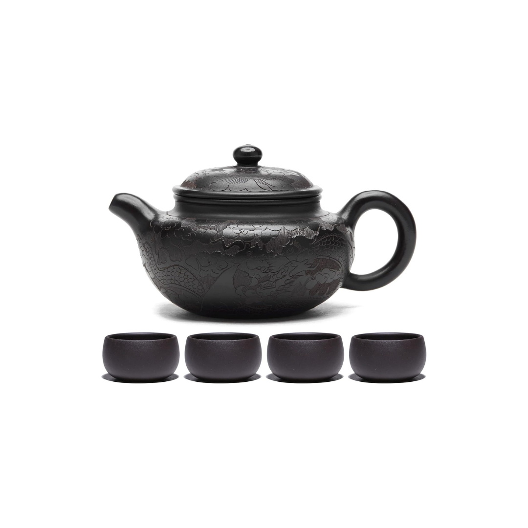 Pokaloti Handmade Purple Clay Teapot Set – Dragon Crest Design with 4 Tea Bowls