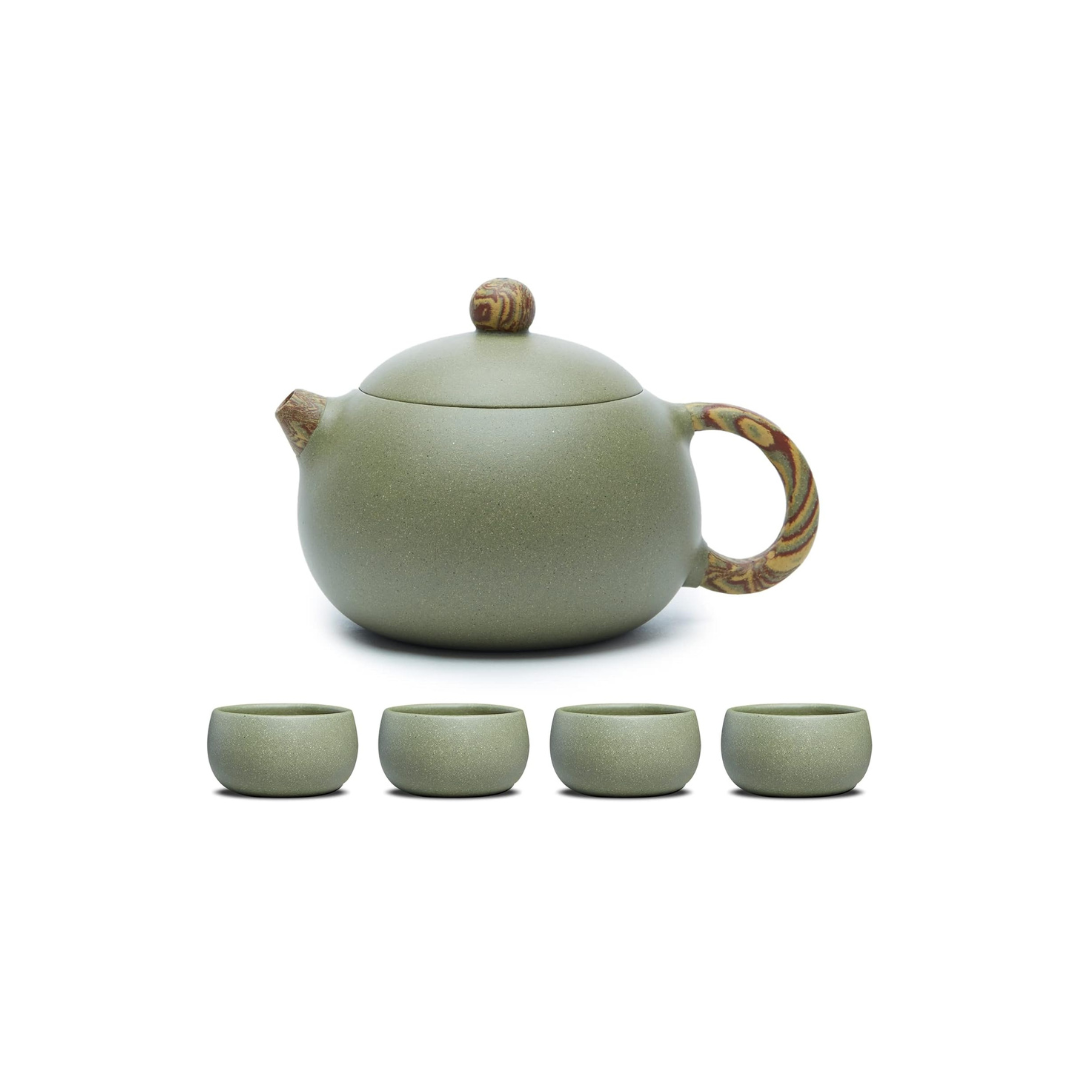 Handmade Yixing Purple Clay Teapot Set – Bean Green Sand Teapot with 4 Tea Cups