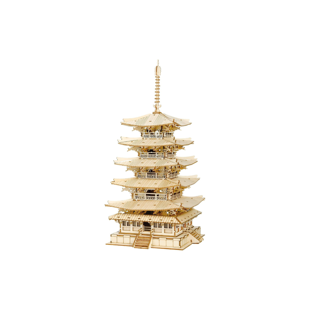 ROBOTIME Horyuji Five-Story Pagoda 3D Wooden Puzzle DIY Model Kit – Educational Craft for Kids & Adults