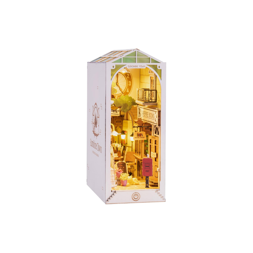 ROBOTIME Sunshine Town Book Nook Kit – DIY 3D Wooden Puzzle Miniature House with LED Light & Bookend