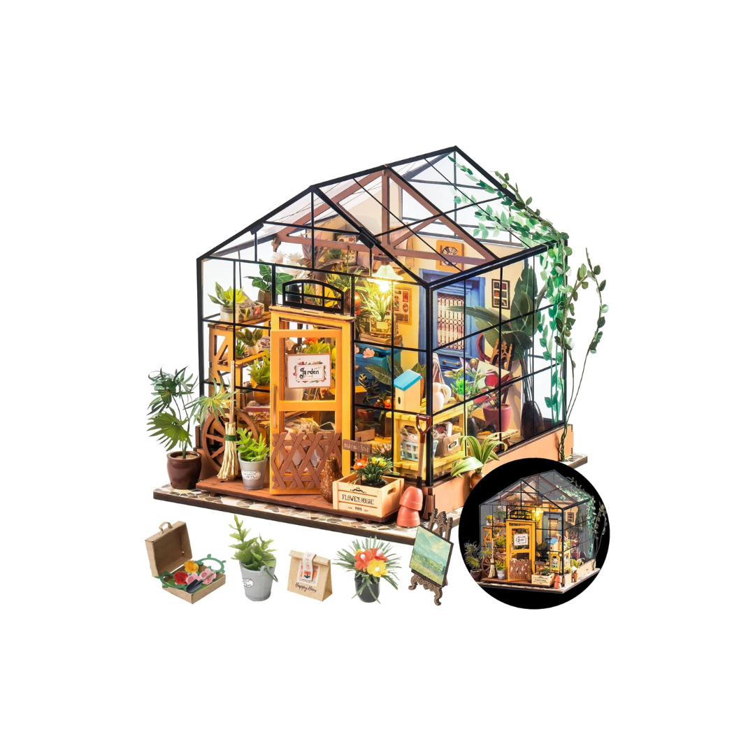 ROBOTIME DIY Miniature House Dollhouse Kit – Mini Model House with LED Light, Figures & Accessories