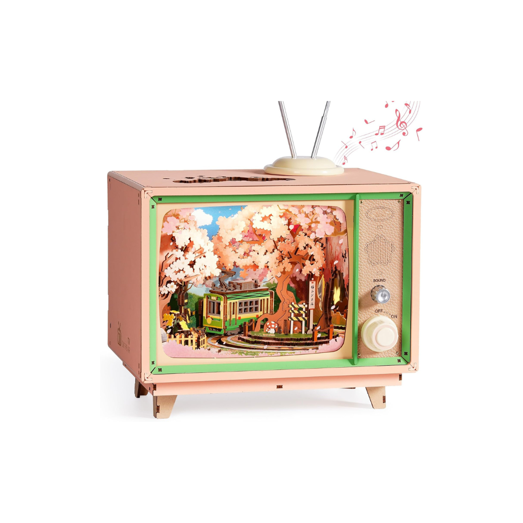 ROBOTIME Cherry Blossom Train Musical Box 3D Wooden Puzzle – DIY Handmade Music Box, Japanese-Inspired Craft Kit & Home Decor for Kids and Adults