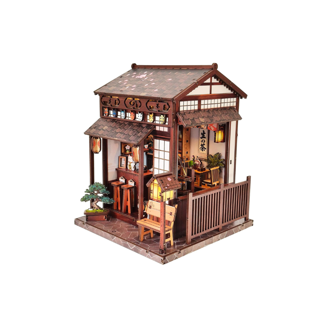 Japanese Style Cherry Blossom Tea House 3D Wooden Puzzle – DIY Miniature Dollhouse Kit with LED Light for Adults