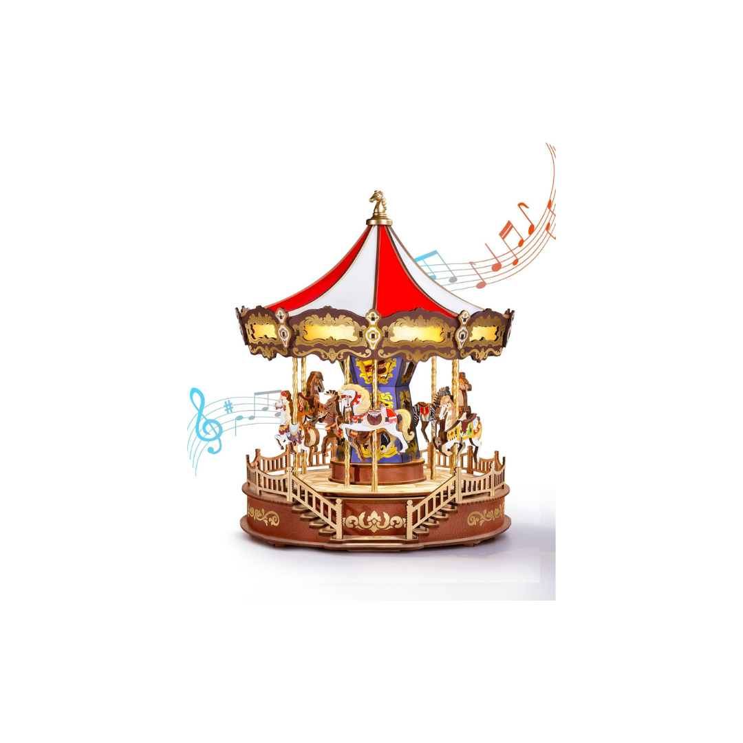ROBOTIME Classic Merry-Go-Round 3D Wooden Puzzle with LED Light & Music Box – DIY Craft Assembly Kit for Kids and Adults