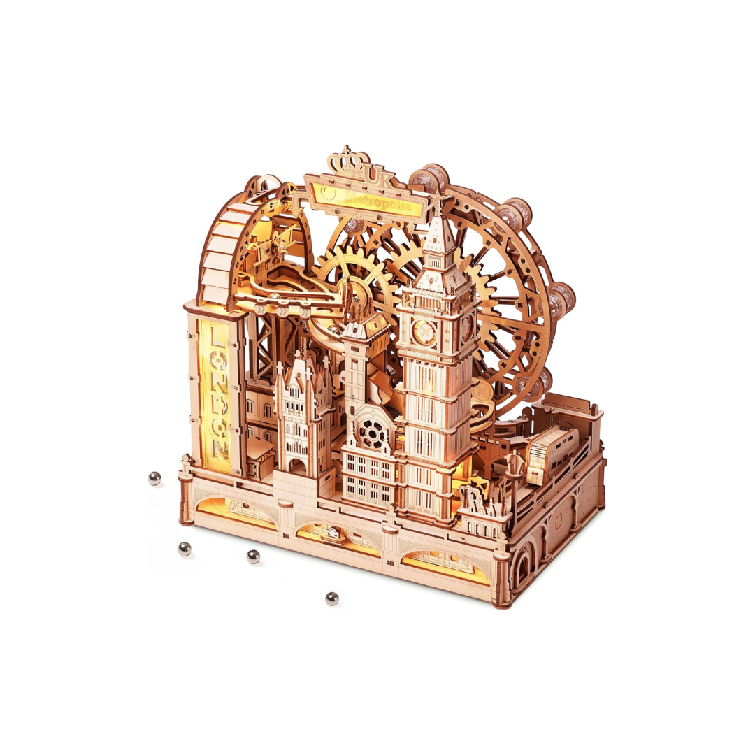 ROBOTIME Marble Run with LED Light – London-Themed 3D Wooden Puzzle, Water Wheel & Gear Marble Roller Coaster DIY Kit