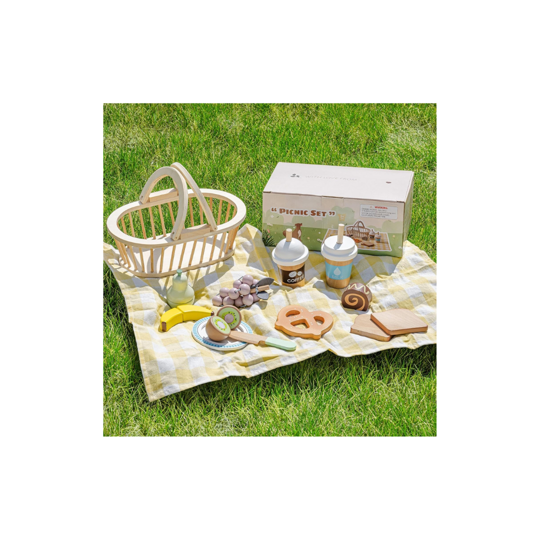 ROBOTIME Wooden Play Food Set with Picnic Basket – Pretend Kitchen Toy with Fruits, Desserts, Drinks & Cookware for Kids Ages 3+