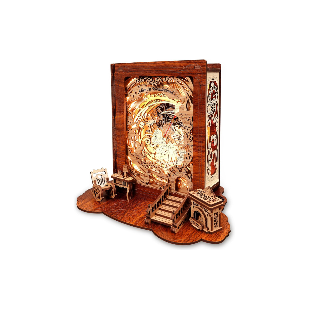 FUNPOLA Alice in Wonderland Time Travel 3D Wooden Puzzle Night Light with Clock | DIY LED Book Lamp
