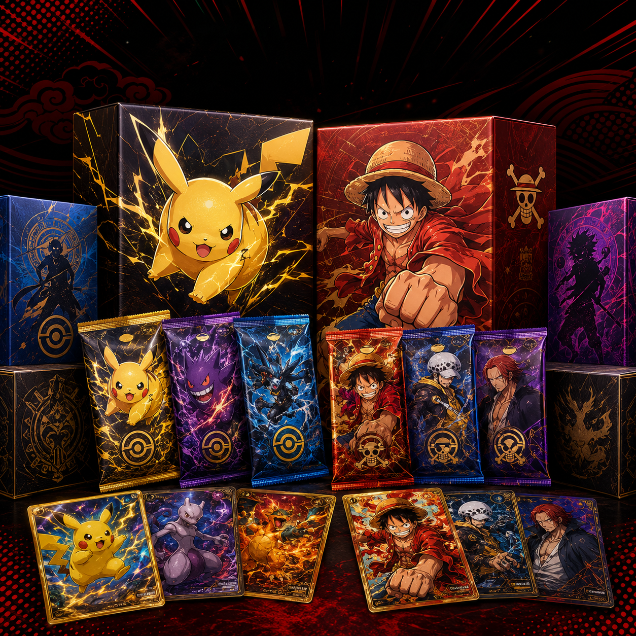 A collection of anime trading card game boxes and cards featuring characters from One Piece, including Luffy, Ace, Zoro, Nami, and Sanji, alongside Pikachu and other Pokémon characters, arranged on a dark red patterned background.