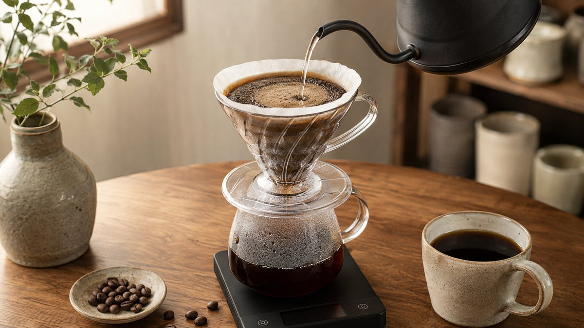 Japanese V60 pour-over coffee brewing with a gooseneck kettle, paper filter and glass server
