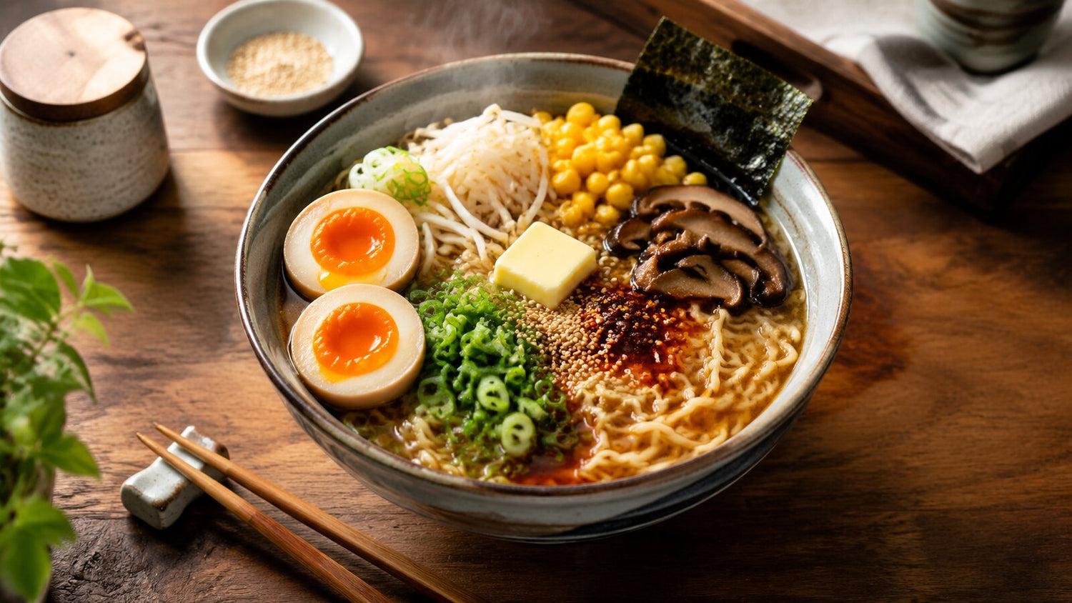 Japanese instant ramen upgraded with egg, nori, corn, mushrooms, spring onion and sesame toppings
