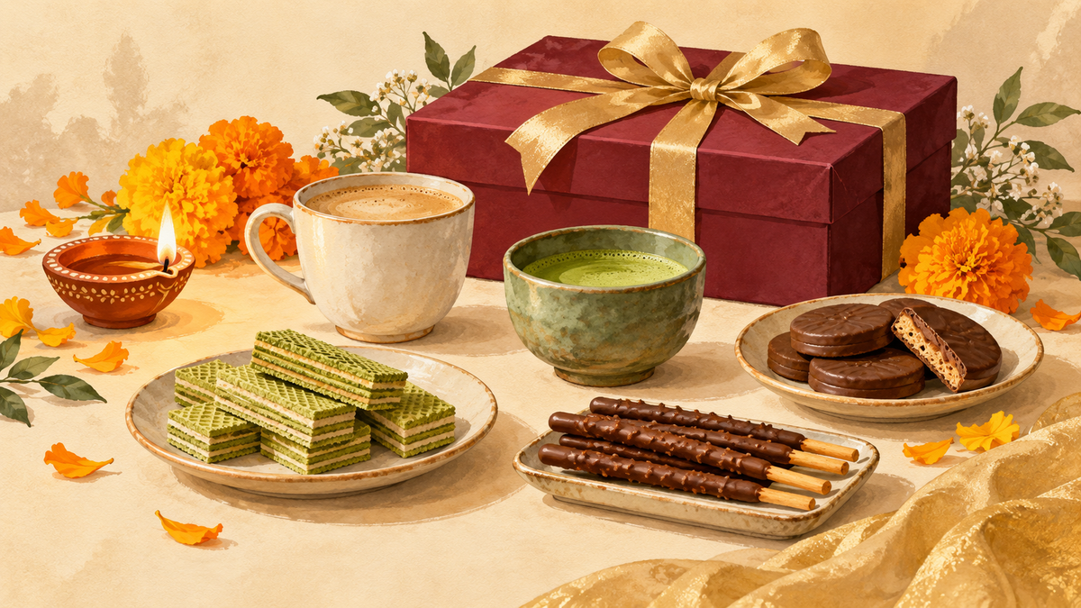 Illustration of Japanese-inspired sweets, coffee and green tea beside a Diwali diya and a ribboned gift box