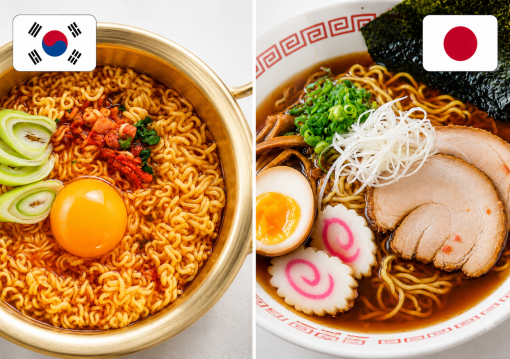 Japanese ramen and Korean instant noodles shown side by side for a comparison guide