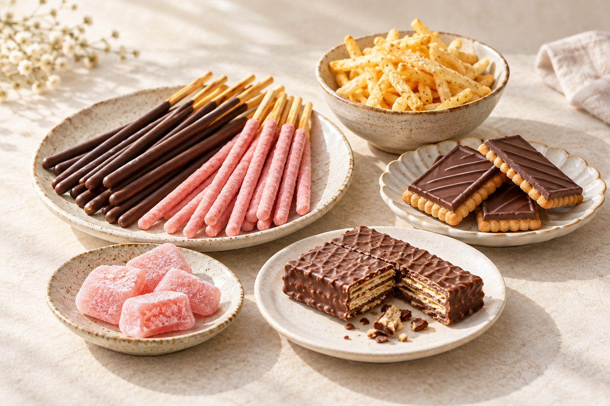 Illustrative assortment of chocolate and strawberry biscuit sticks, chocolate biscuits, fruit sweets and golden potato snacks