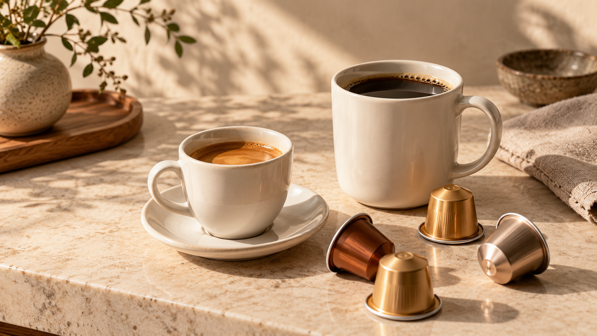 Espresso cup and coffee mug with metallic coffee capsules on a warm stone countertop