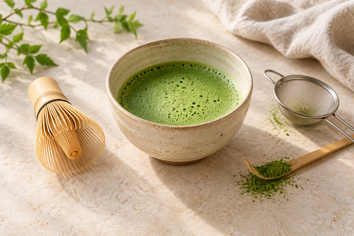 Bowl of whisked matcha with a bamboo whisk, sifter and matcha powder on a light stone surface