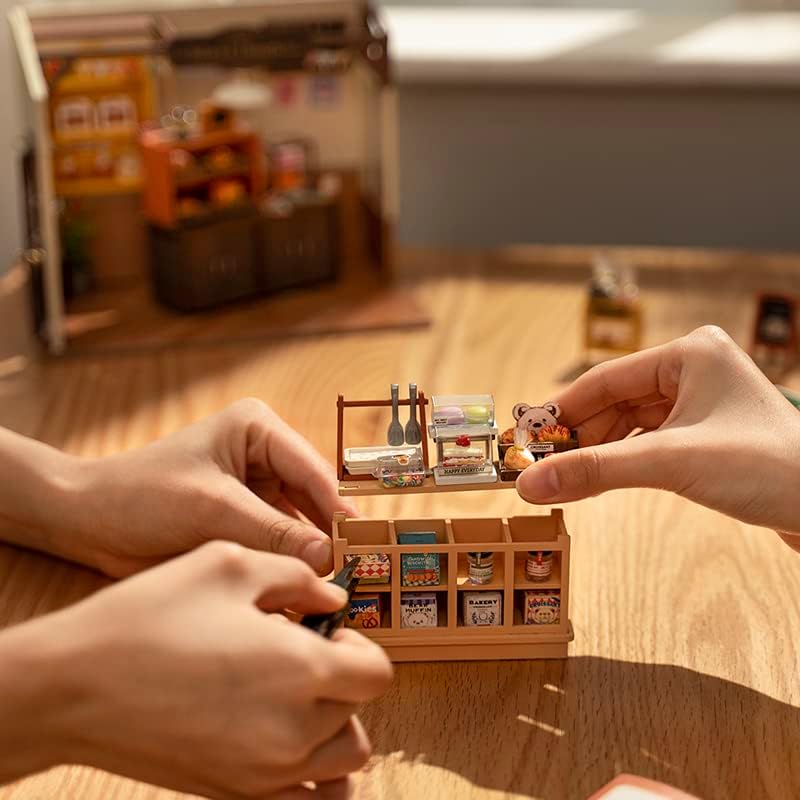 Rolife Becca’s Baking House Miniature Kit | DIY Wooden Bakery Dollhouse with LED Craft Puzzle
