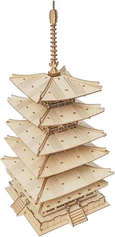 ROBOTIME Horyuji Five-Story Pagoda 3D Wooden Puzzle DIY Model Kit – Educational Craft for Kids &amp; Adults