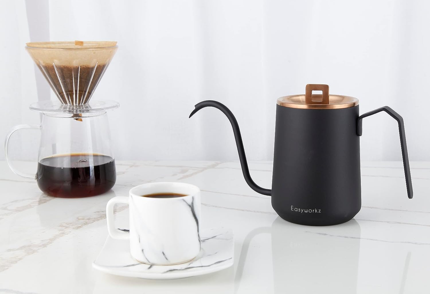 Easyworkz Gooseneck Kettle – Stainless Steel Hand Drip Coffee Pot with Long Spout, Rose Gold &amp; Black, 600ml