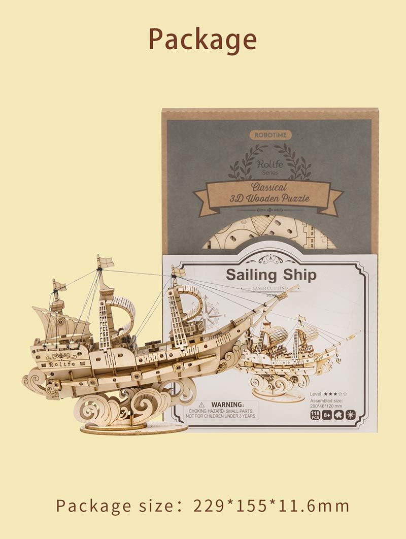 ROBOTIME Sailing Ship TG305 3D Wooden Puzzle – DIY Craft Model Kit, Educational Toy for Kids &amp; Adults