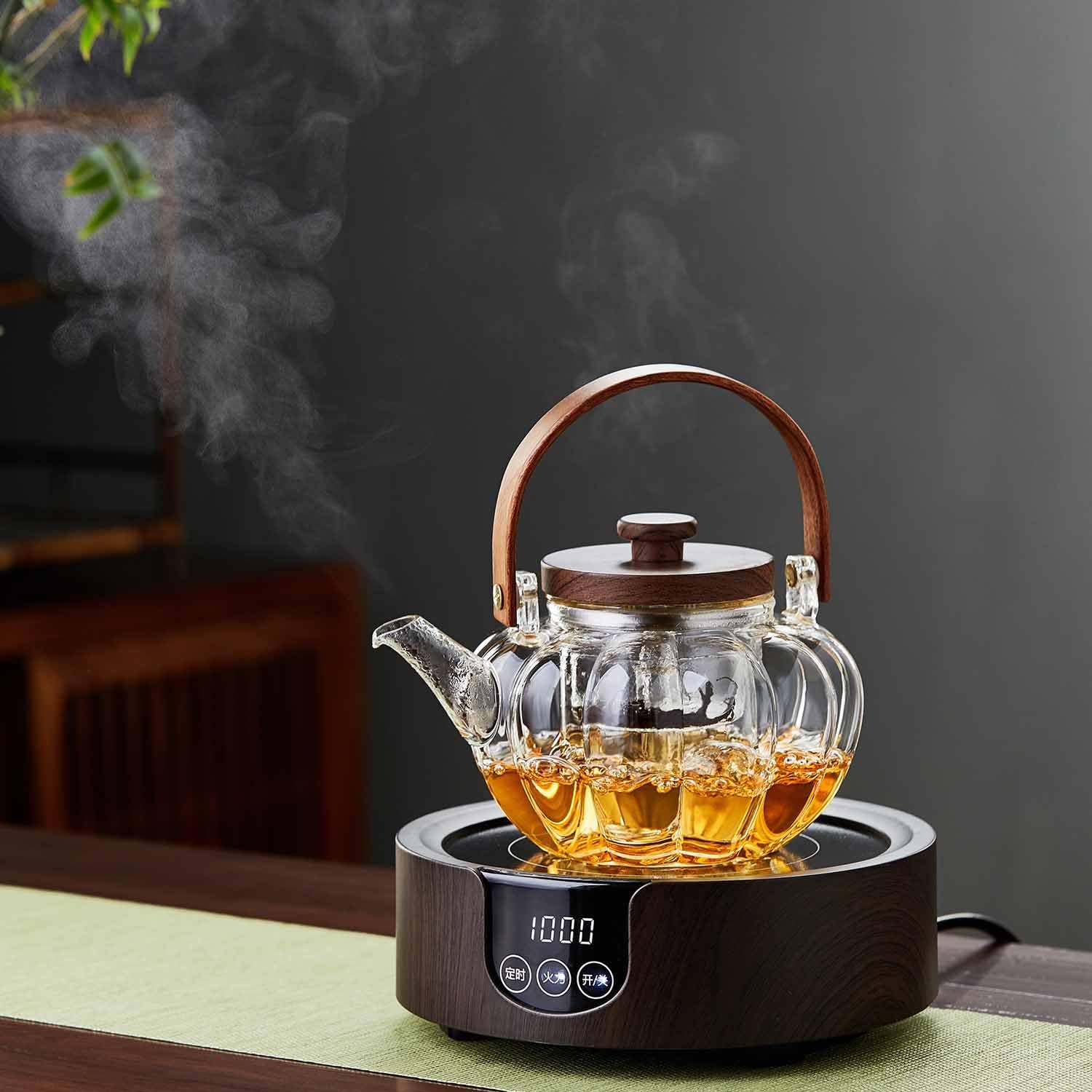 Heat-Resistant Glass Pumpkin Teapot 940ml – Vertical Stripe Design with Tea Strainer &amp; Wooden Handle