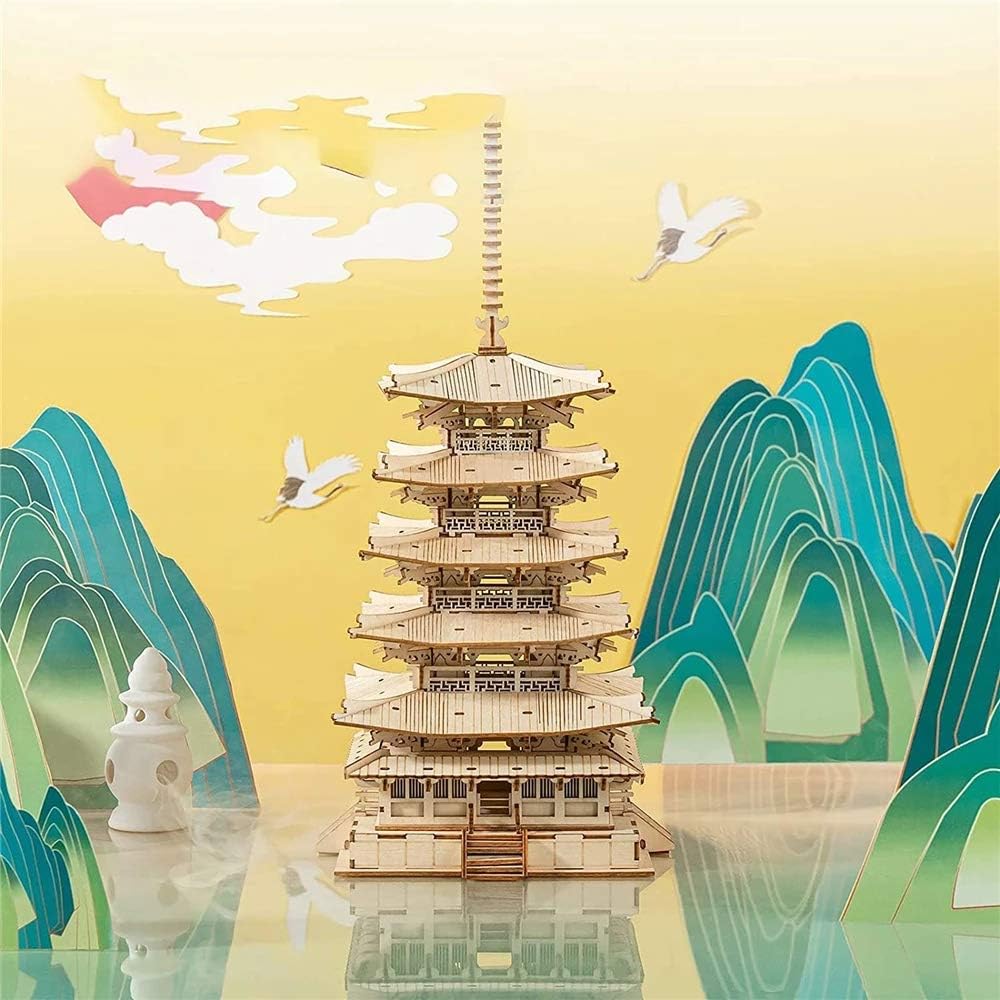 ROBOTIME Horyuji Five-Story Pagoda 3D Wooden Puzzle DIY Model Kit – Educational Craft for Kids &amp; Adults