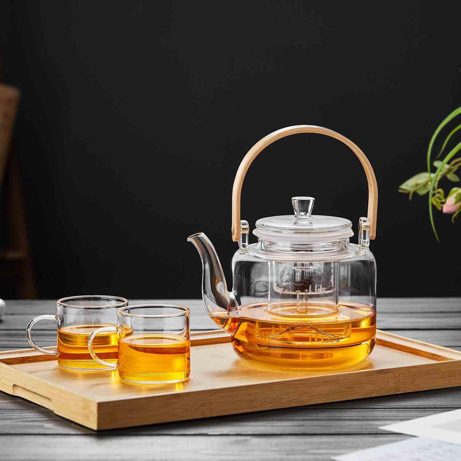 Ransawa Heat-Resistant Glass Teapot 1000ml – Clear Kettle, Direct Fire Safe, with Glass Tea Strainer