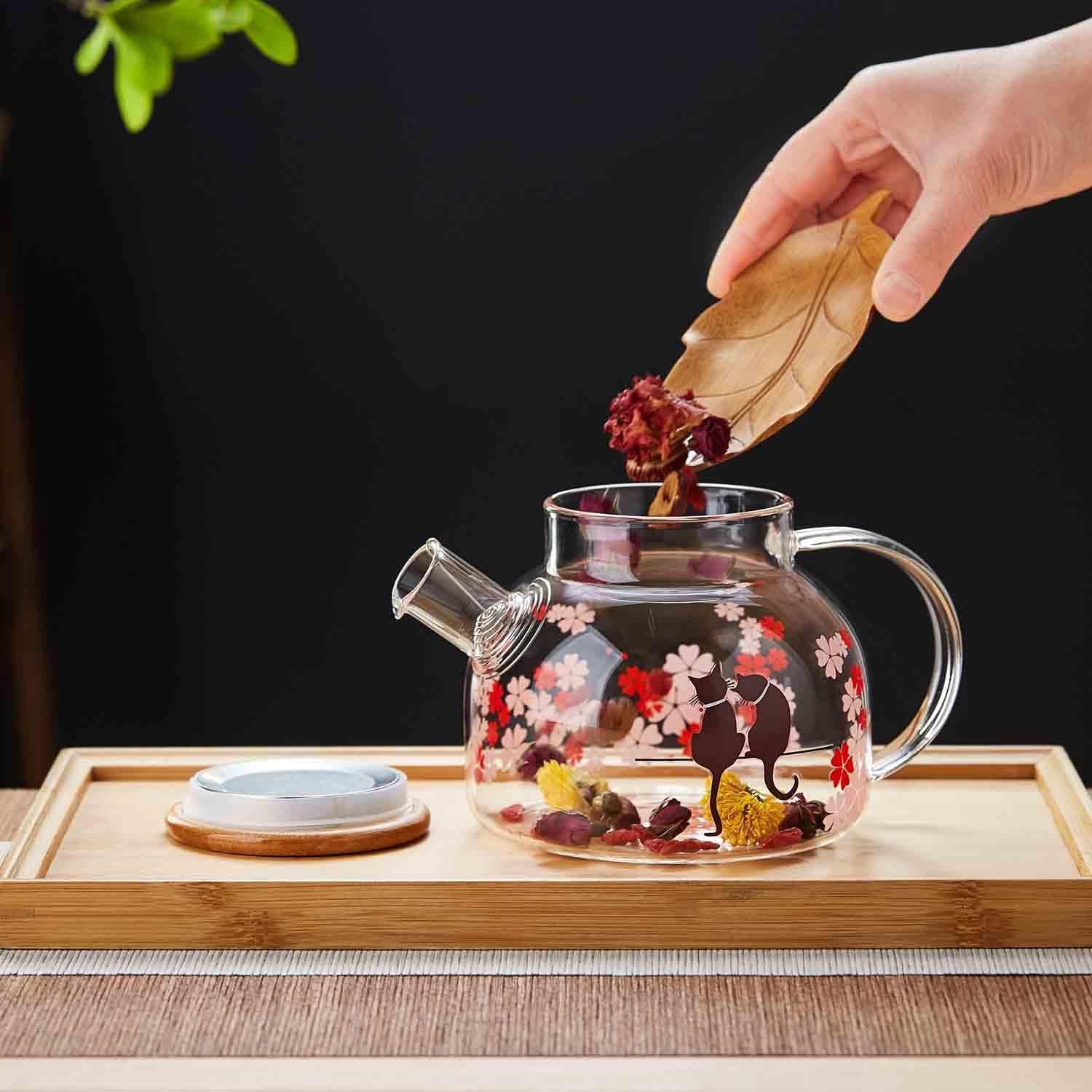 Pocarati Cherry Blossom Cat Glass Teapot 1000ml – Heat Resistant, Cute Round Design, Direct Flame Safe