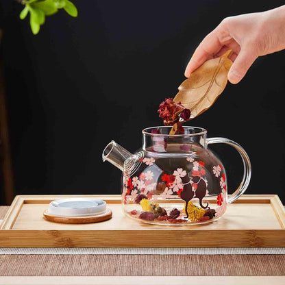 Pocarati Cherry Blossom Cat Glass Teapot 1000ml – Heat Resistant, Cute Round Design, Direct Flame Safe