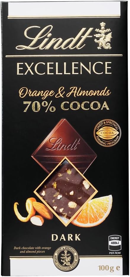 Lindt &amp; Sprüngli Lindt Excellence Orange &amp; Almond 70% Cacao Dark Chocolate Bar