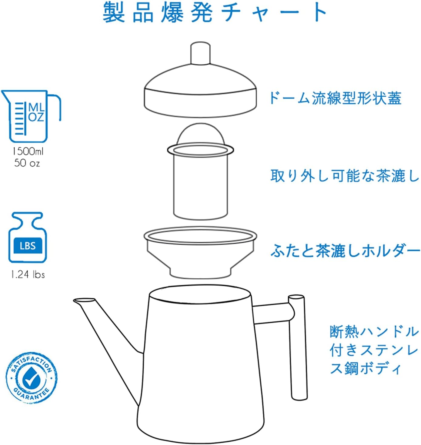Easyworkz Stainless Steel Teapot with Tea Strainer – Silver, 1500ml